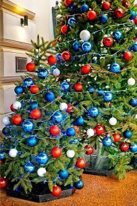 Azure, Red, and White Ornaments on Big and Small Christmas Trees