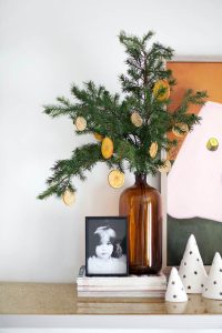 Dried Citrus Ornaments Hang on Christmas Tree Branches in Vase