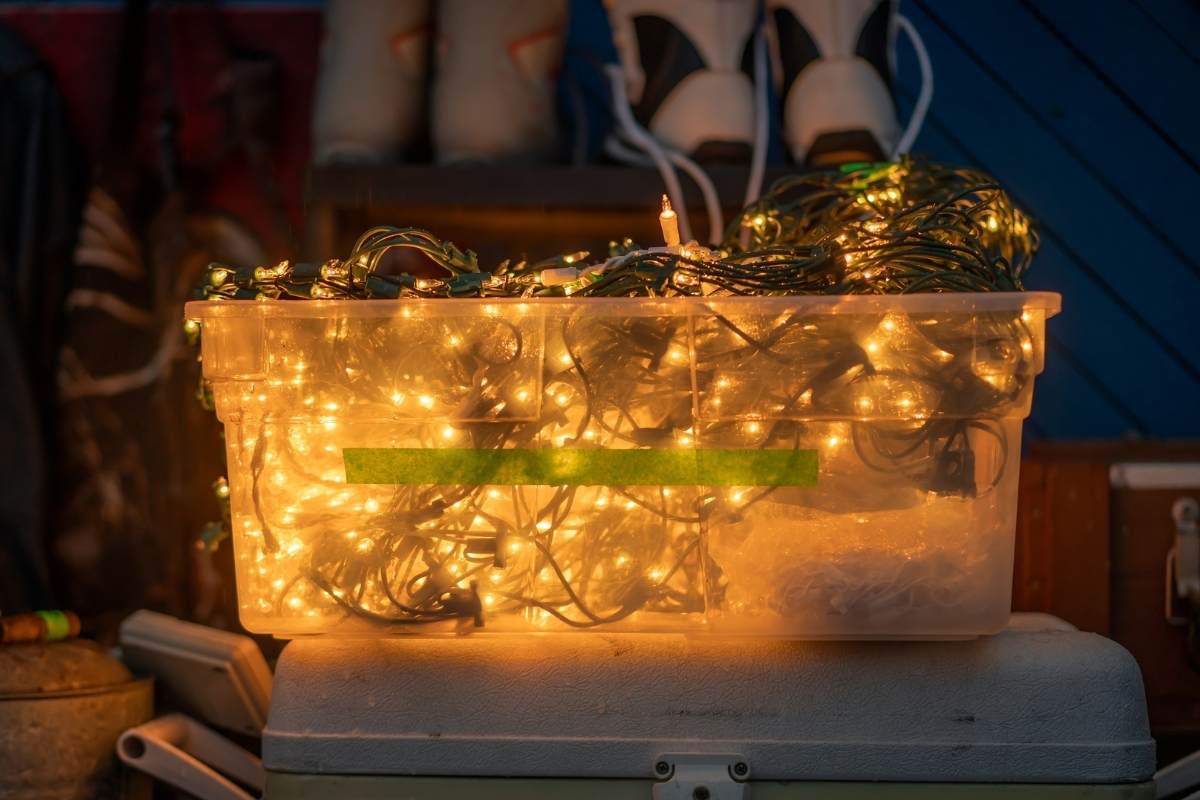 Christmas string lights in box in garage