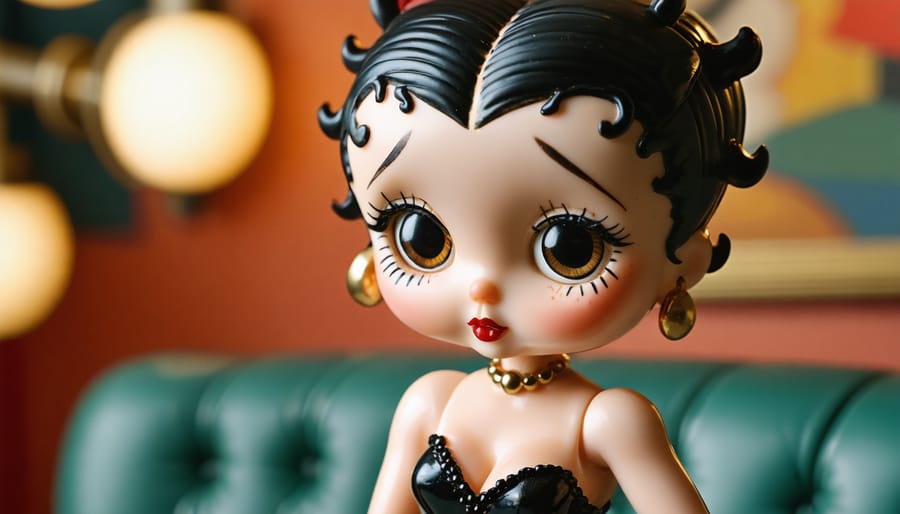 "Close-up of a Betty Boop Q Posket figure in a flapper dress, displaying her iconic traits with a blurred Art Deco background."