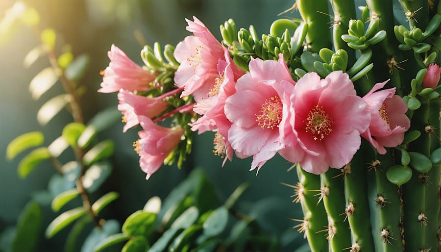 "Close-up of a Christmas cactus with vibrant pink blooms and green foliage in natural daylight."