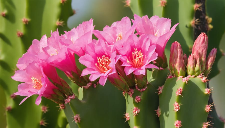 Christmas cactus with multiple bright pink flowers blooming against dark green foliage