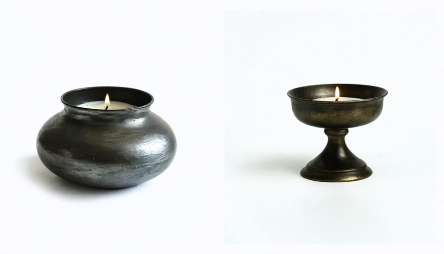Split image showing tarnished metal candle holder before cleaning and shiny holder after preparation