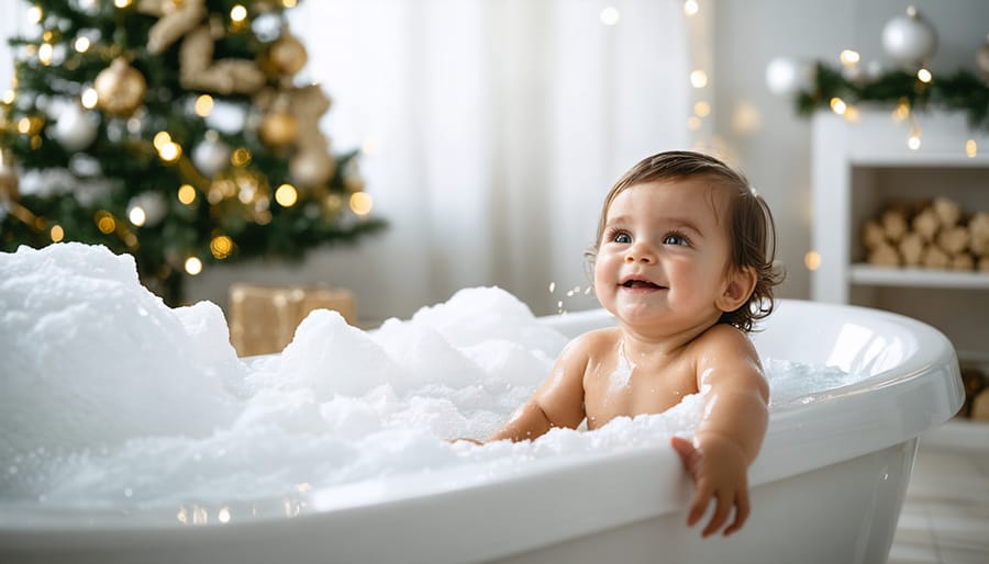 Christmas-themed bath setup with holiday bath toys and decorative lighting