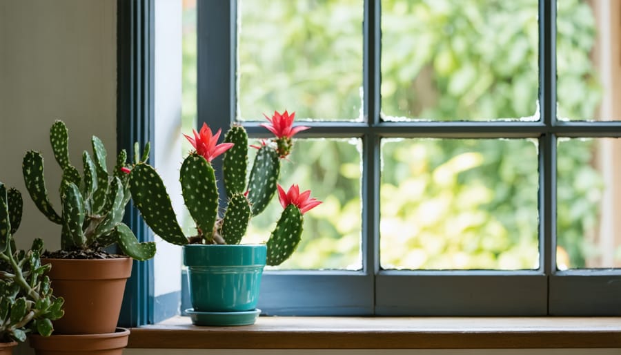 Christmas cactus thriving near a window with filtered natural light