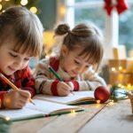 "Kindergarten children writing with festive pencils in a Christmas-themed classroom."
