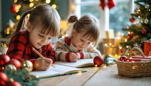 "Kindergarten children writing with festive pencils in a Christmas-themed classroom."