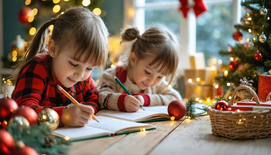 "Kindergarten children writing with festive pencils in a Christmas-themed classroom."