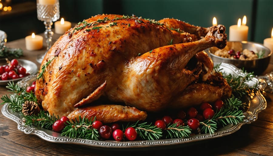 Golden roasted turkey on silver platter with herb garnish and cranberries