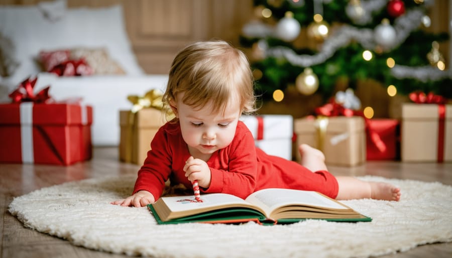 Parent and toddler reading Christmas books together by decorated tree