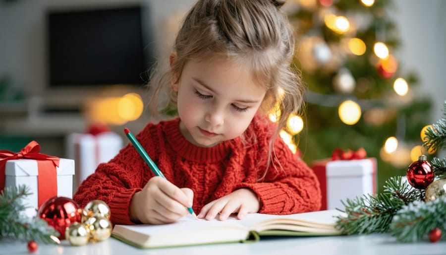 Child's hands writing on Christmas-themed paper with chunky pencil