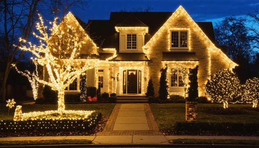 Victorian home decorated with white holiday lights against twilight sky