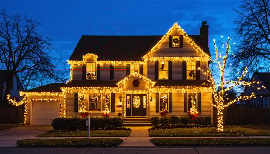 Classic two-story house decorated with warm white Christmas lights along roofline and architectural features