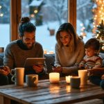 Multigenerational family on a sofa around a coffee table, smiling and pointing at a glowing tablet and phones, with hot cocoa, blankets, warm lamplight, and a snowy window with holiday lights softly blurred in the background.