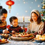Multicultural family celebrating winter holidays together, surrounded by symbols of global traditions such as a menorah, Chinese lanterns, Santa Lucia crown, and Christmas tree.