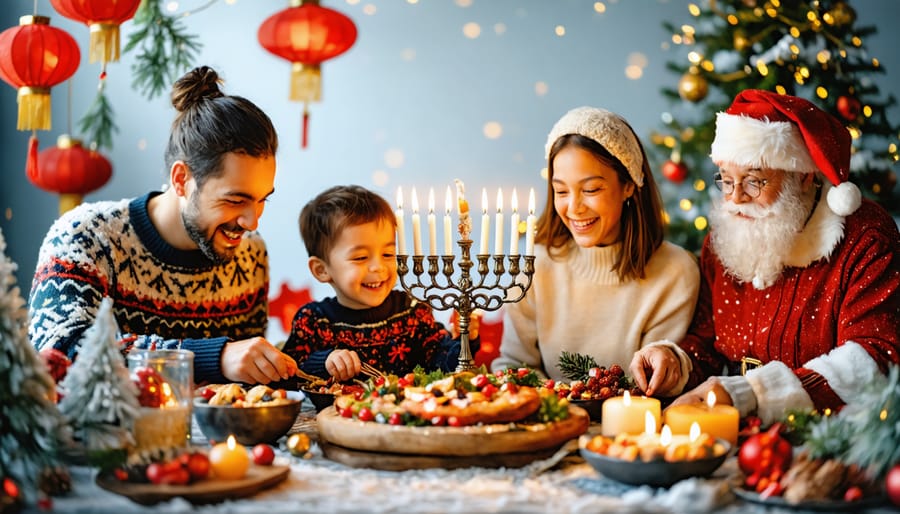 Multicultural family celebrating winter holidays together, surrounded by symbols of global traditions such as a menorah, Chinese lanterns, Santa Lucia crown, and Christmas tree.