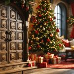"Advent calendar with intricate medieval-style wooden doors in a festive room, highlighting historical holiday traditions."
