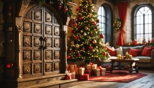 "Advent calendar with intricate medieval-style wooden doors in a festive room, highlighting historical holiday traditions."