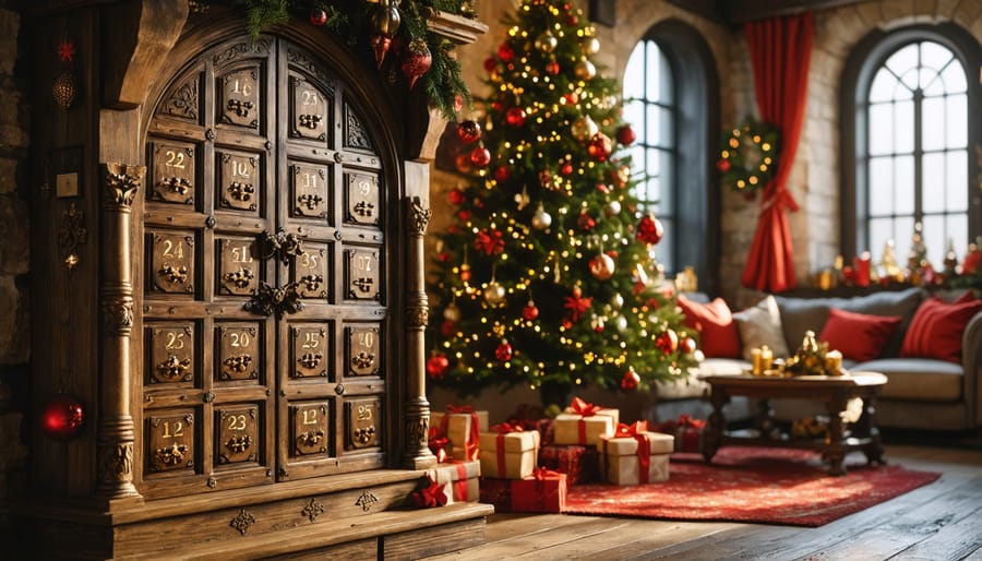 "Advent calendar with intricate medieval-style wooden doors in a festive room, highlighting historical holiday traditions."