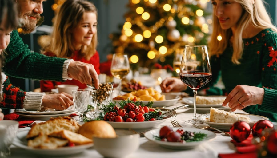 Multi-generational family gathered around elaborate Christmas dinner table with traditional decorations