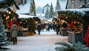 "Traditional European Christmas market in a snowy village with festive lights and decorated stalls."