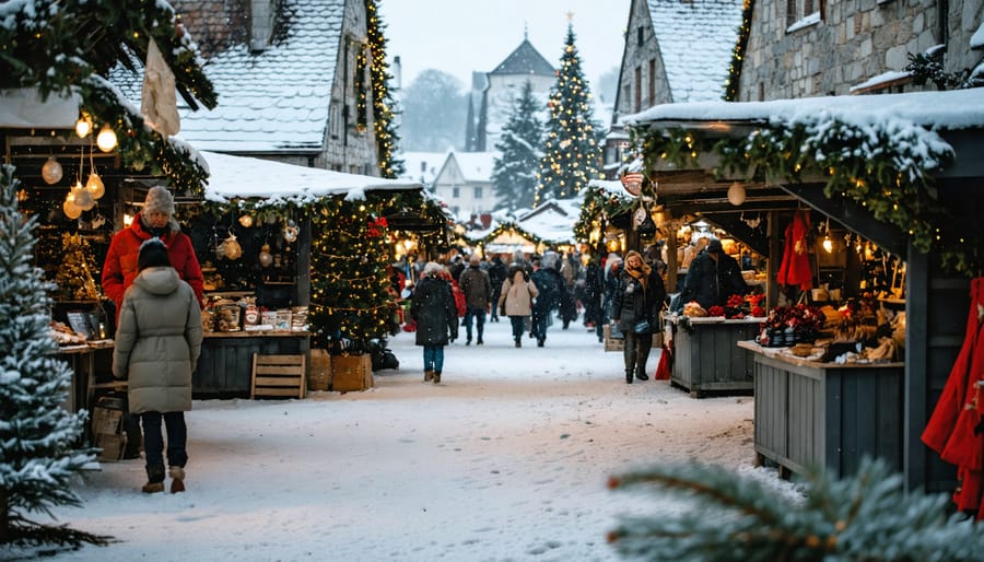 "Traditional European Christmas market in a snowy village with festive lights and decorated stalls."
