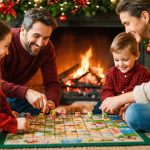 "Family gathered around a fireplace playing Christmas word games with a decorated tree in the background."