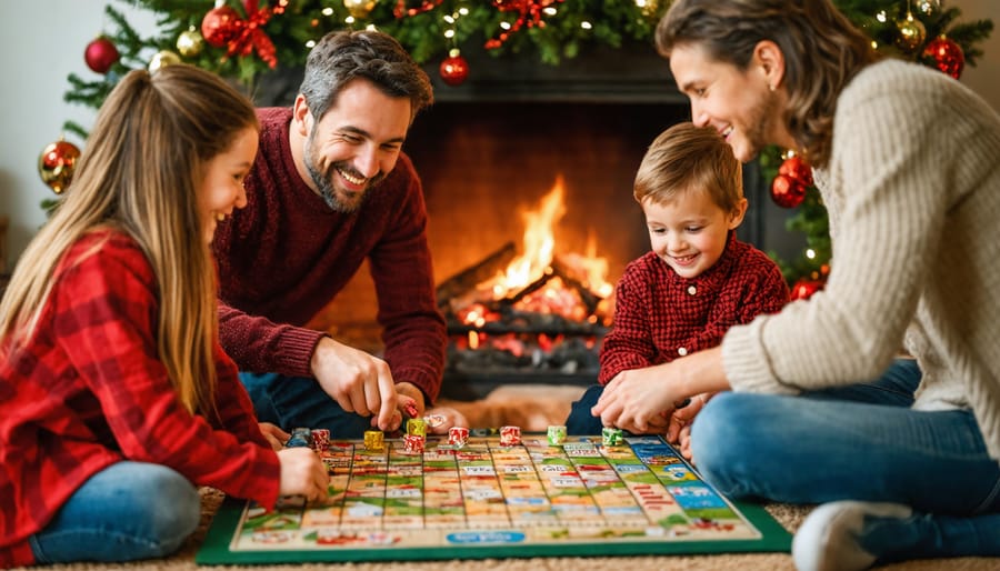 "Family gathered around a fireplace playing Christmas word games with a decorated tree in the background."