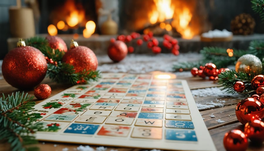 Family hands gathered around word game tiles and cards on festive table with Christmas decorations