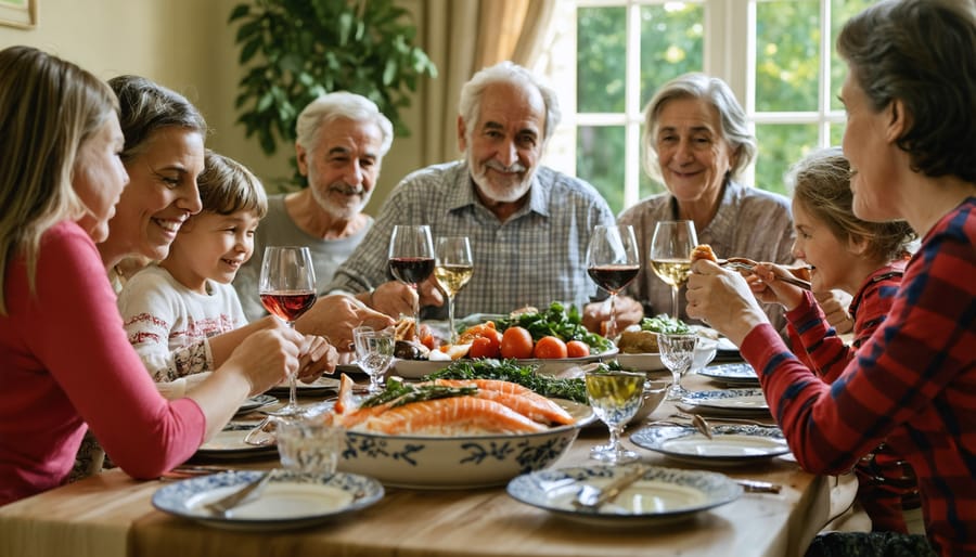 Italian family celebrating Christmas Eve with traditional Seven Fishes feast