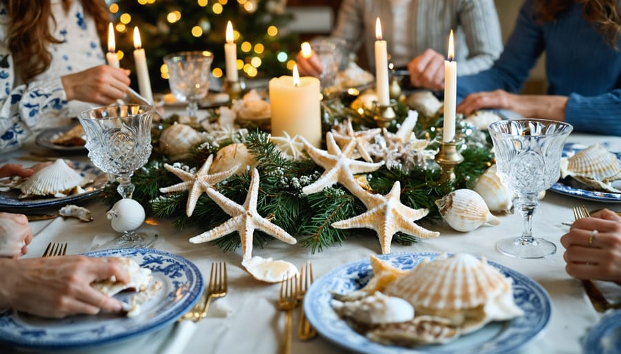 An Italian-American family gathered around a festive Christmas Eve table, enjoying the traditional Feast of the Seven Fishes surrounded by maritime and holiday decorations.