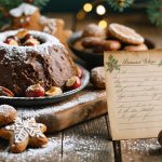"Traditional Christmas ingredients like gingerbread cookies and roasted chestnuts on a rustic table in a cozy kitchen setting."