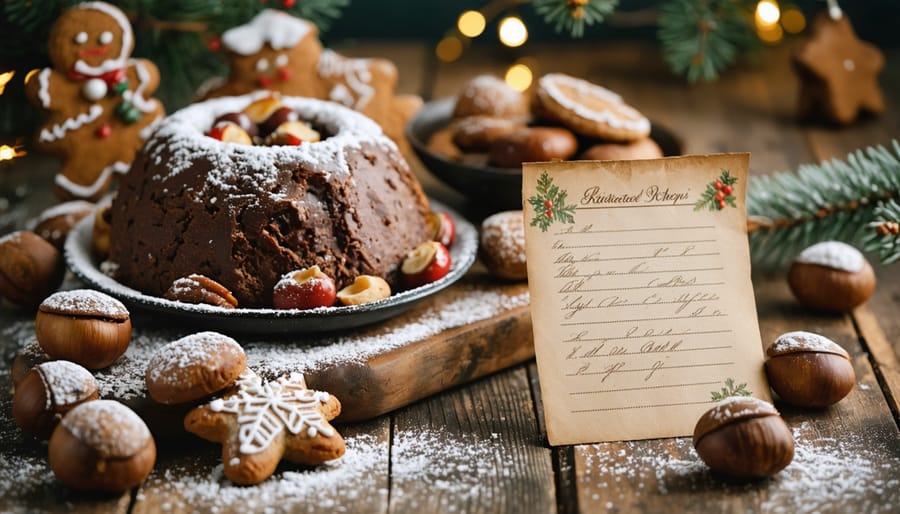 "Traditional Christmas ingredients like gingerbread cookies and roasted chestnuts on a rustic table in a cozy kitchen setting."