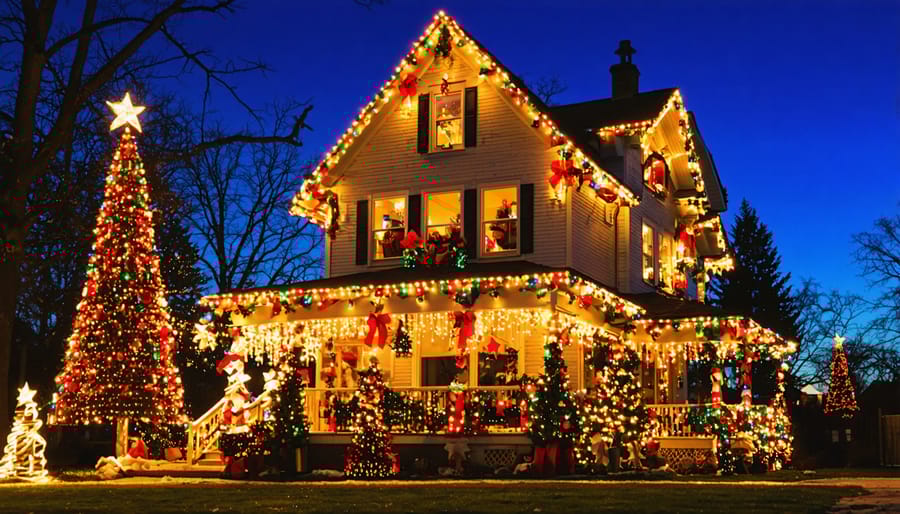 "A beautifully decorated house in holiday lights, seen from a low angle to capture the colorful and inviting winter wonderland setting."