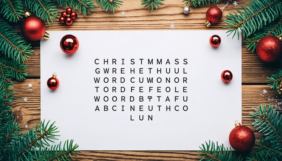 Wooden letter tiles arranged with Christmas decorations including pine branches and berries