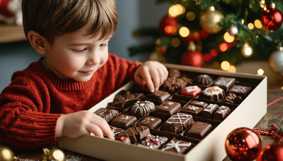 Child's hands opening a vintage 1950s chocolate advent calendar