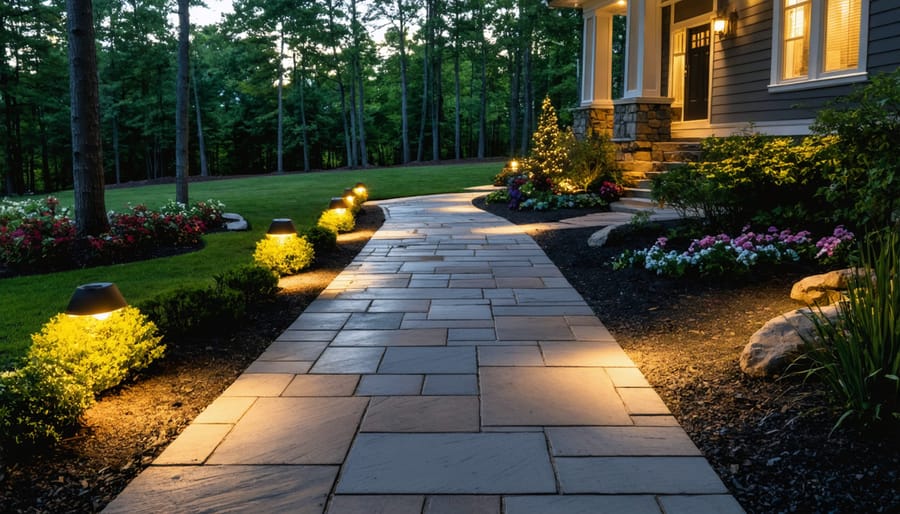 Illuminated garden path with decorative lighting leading to house entrance