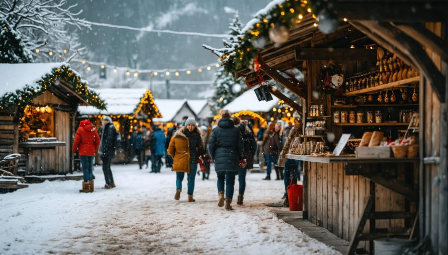 Evening scene of illuminated traditional German Christmas market with snow and gothic church backdrop