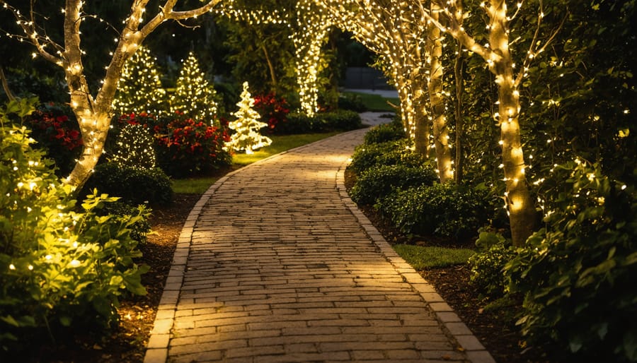 Illuminated garden pathway with Christmas lights and decorated topiaries at dusk