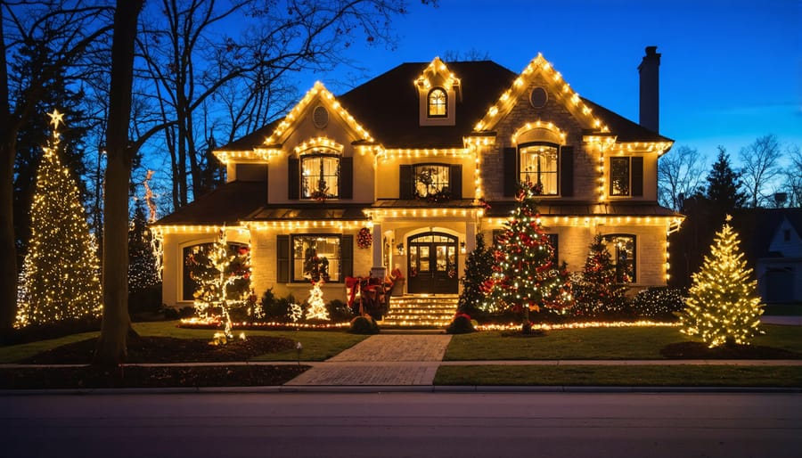 House decorated with white Christmas lights at twilight with snow-covered yard