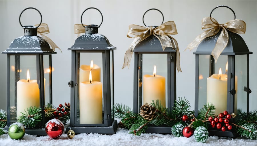 Group of decorated metal candle holders converted to Christmas lanterns with glowing lights and holiday decorations