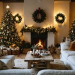 "A cozy, decorated living room with festive holiday decor and glowing string lights seen from above."