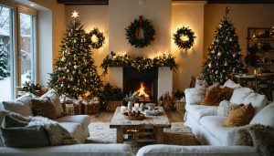 Make Your Home Holiday-Ready in Just 2 Hours (With This Room-by-Room Plan) "A cozy, decorated living room with festive holiday decor and glowing string lights seen from above."