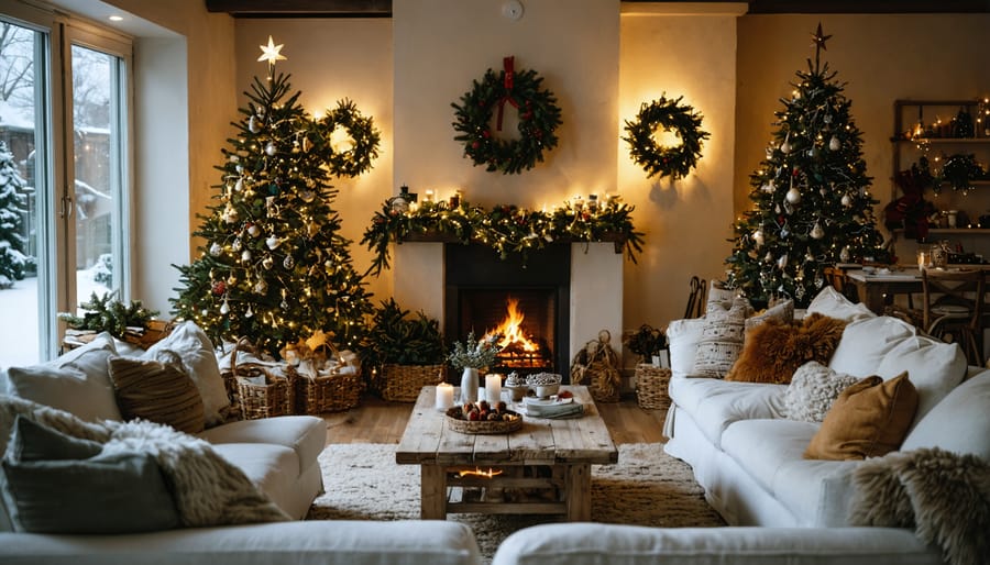 "A cozy, decorated living room with festive holiday decor and glowing string lights seen from above."