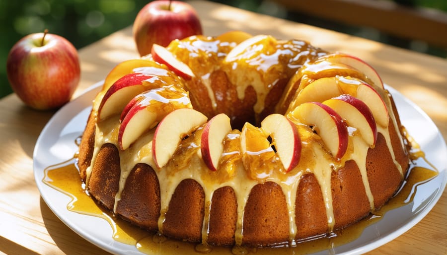 Traditional Rosh Hashanah honey cake with apple decoration