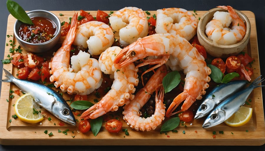 Beautifully arranged seafood antipasti platter with various Italian appetizers