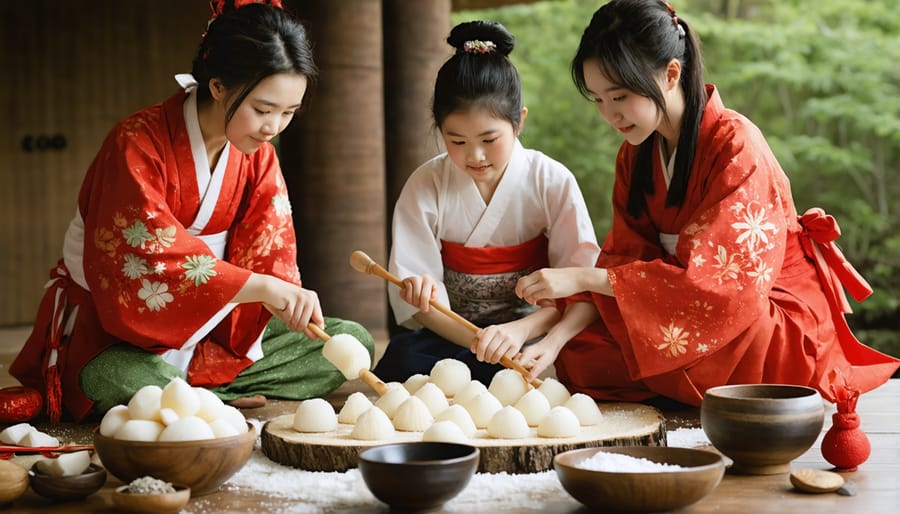 Family gathering for mochitsuki, traditional Japanese New Year mochi making ceremony