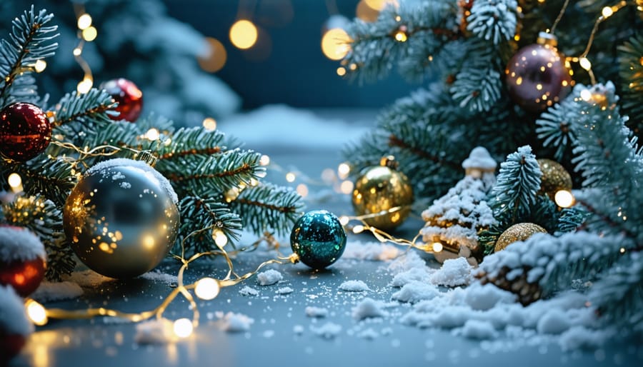 Layered Christmas light display showing illuminated trees, wreaths, and pathway lights working together