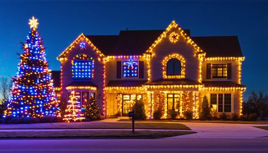 Close-up of color-changing LED Christmas lights on evergreen branches