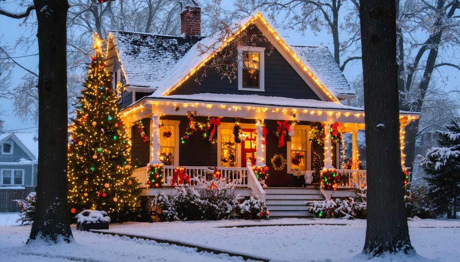"Family home decorated with warm white and multi-colored Christmas lights at dusk with snow-dusted trees and a cozy porch."